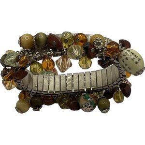 Vintage Stretch Cha cha Bracelet With Multicolor Beads & Floral Ceramic Accents